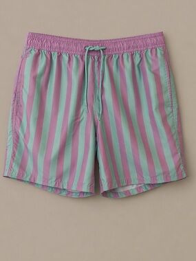 MAD Engine Men’s Swim Trunks Medium Pink Mint Stripe Retro Beach Shorts Lined